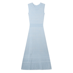 白鹿语时尚优雅波浪镂空无袖连衣裙夏款时尚圆领长款修身针织女裙