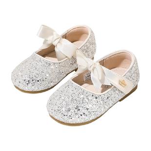 英氏童鞋女童公主鞋水晶软底小女孩皮鞋银色单鞋亮片女宝儿童鞋子