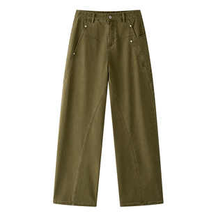军绿色低腰休闲工装裤秋季新款美式复古宽松廓形弯刀显瘦牛仔裤女