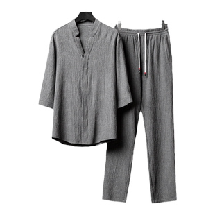 [高档套装]冰丝棉夏季薄款休闲套装男士七分袖衬衫中式中国风男装