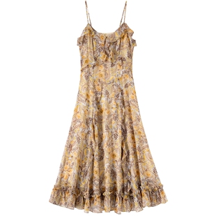 BANANA BABY2026年夏新款甜美度假风荷叶边碎花吊带连衣裙女长裙