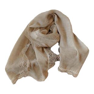 法式复古蕾丝边棉麻围巾女春季新款洋气纯色窄丝巾夏季防晒小披肩