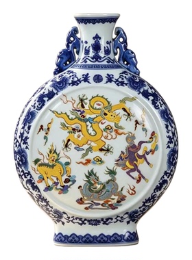 乾隆仿古手绘青花五龙抱月瓶做旧老瓷器景德镇陶瓷花瓶博古架摆件