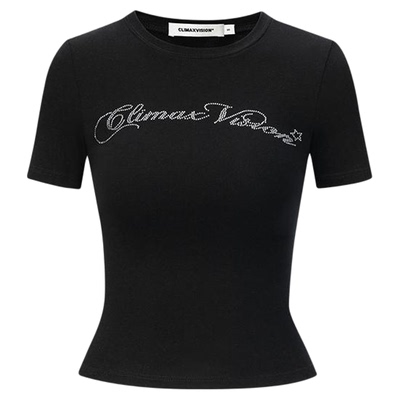 CLIMAX VISION莱赛尔亲肤弹力烫钻显瘦短款短袖T恤女圆领舒适tee