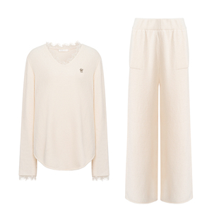Kroche 慵懒法式 蕾丝拼接 宽松休闲V领针织长袖长裤套装