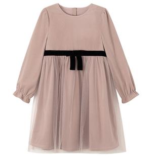 哈齿童装仙气粉色公主裙儿童春秋季长袖连衣裙淡雅女童纱裙中大童