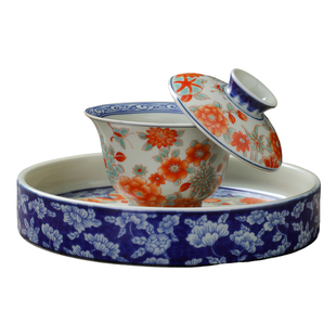 青花釉里红三才盖碗复古茶具壶承轻奢功夫茶具可悬停防烫手泡茶碗