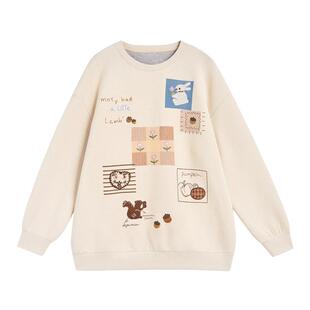 紫涵圆领宽松米白卫衣女士秋季新款田园风牧场刺绣肌理感套头上衣