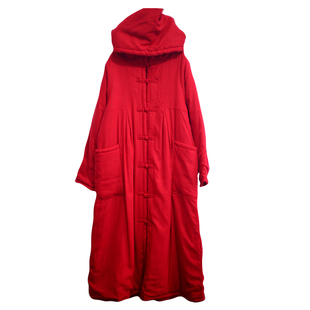 冬季新款原创民族风棉麻女装连帽棉衣中长款棉袄大衣棉袍外套