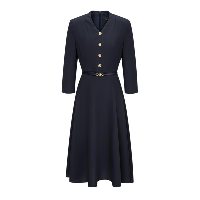 Scofield女装静奢风七分袖V领连衣裙收腰A摆连衣裙2025夏季新款