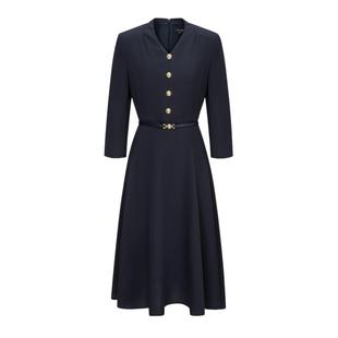 Scofield女装静奢风七分袖V领连衣裙收腰A摆连衣裙2025夏季新款