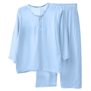 春夏青少年儿童棉绸睡衣套装人造棉长袖长裤薄款居家卡通空调服