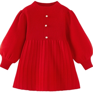 迷你巴拉长袖连衣裙女童宝宝喜庆新年柔软亲肤保暖泡泡袖甜美