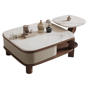 中古风微晶石方形茶几意式轻奢客厅家用可旋转带储物大小茶几组合