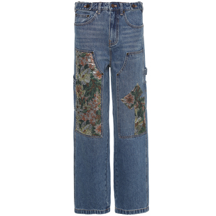 Ruco Line如卡莱 休闲牛仔裤女长裤花卉亮片直筒宽松阔腿裤