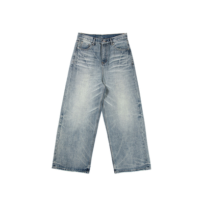 纯棉水洗宽松直筒牛仔裤浅色长裤