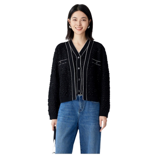 古木夕羊时尚撞边立体碎闪设计毛衣女秋季新品小香风气质开襟外套