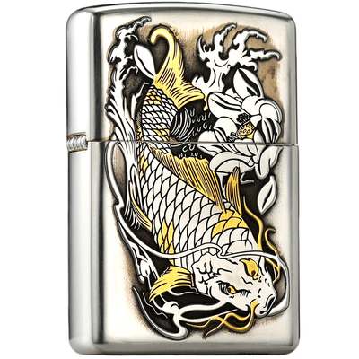 zippo打火机纯银鎏金鲤鱼