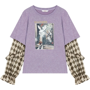 妖精的口袋紫色雪纺拼接印花长袖t恤女2026年早春新款设计感上衣