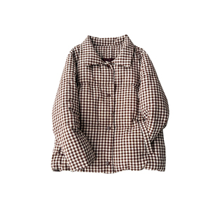 色织格纹棉麻抗冻面包羽绒服女短款翻领单排扣保暖百搭白鸭绒外套