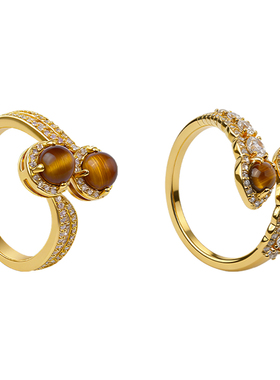 《金珀星环》美拉德虎眼石锆石戒指女复古小众设计食指戒轻奢指环