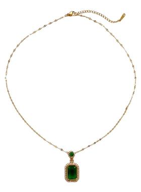 祖母绿钛钢项链女夏方块吊坠时尚