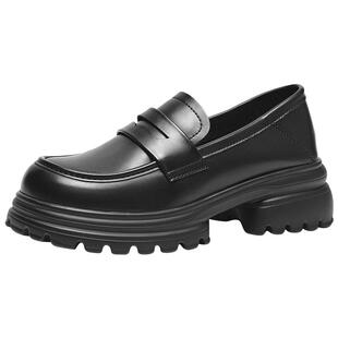 热风厚底乐福鞋女款2025年春季新款复古法式粗跟百搭增高小皮鞋