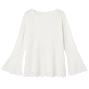 德玛纳气质镂空圆领针织衫女春秋新款慵懒风喇叭袖宽松线衫上衣