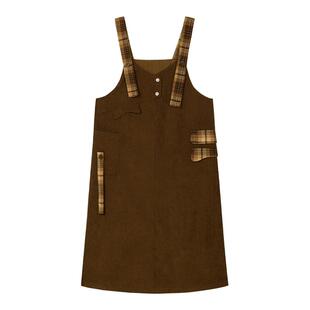 it'real瑞尔冬新款学院风外搭叠穿减龄中长款背带连衣裙