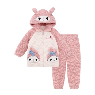 亲子睡衣冬季三层夹棉美乐蒂珊瑚绒加厚款法兰绒中大童母女家居服