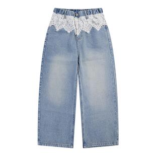 EBAER儿童抑菌牛仔裤2026春季新款女童裤子高腰拼接蕾丝直筒长裤