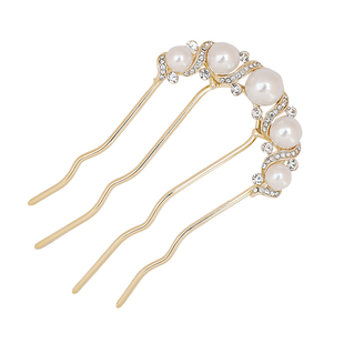 u型金色气质珍珠水钻波浪发梳优雅四齿丸子头新中式盘发簪子发钗