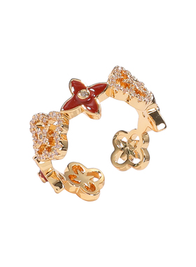 新中式复古红色滴釉四叶草戒指