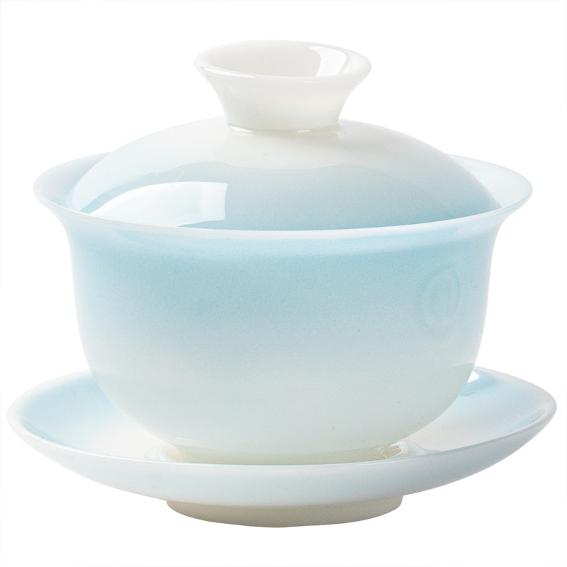 璞玉瓷盖碗功夫茶具套装渐变蓝家用会客品茗茶杯全套一整套泡茶碗
