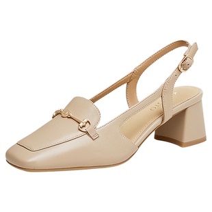 【33码】百思图夏新商场同款气质方头粗跟后空乐福女凉鞋RJF51BH4