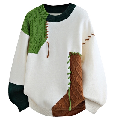 文艺风圆领撞色拼接毛衣