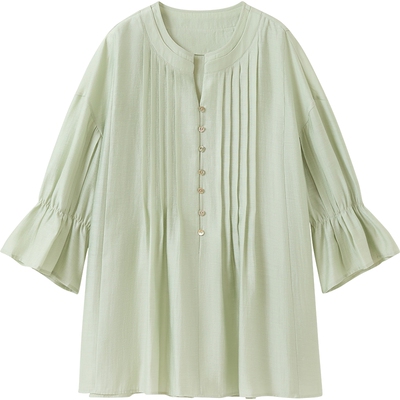 播优雅V领花式衬衫女秋季绿色圆领宽松别致衬衣DDS3HD5016