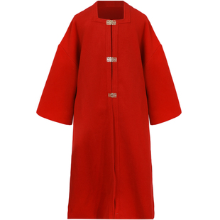 原创男装汉服改良设计明制方领红色中式外套长款系带开叉毛呢大衣