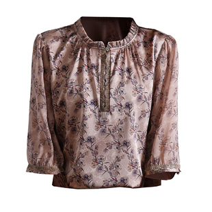 重磅真丝绸缎面t恤女2025夏新款短袖碎花简约花边印花桑蚕丝上衣