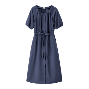 佐丹奴裙子女新款法式优雅风收褶圆领绑带插肩短袖连衣裙05465335