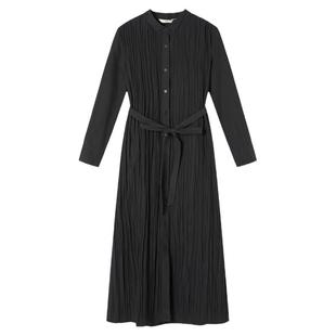 谷邦黑色小立领褶皱长袖连衣裙春秋新款高级感法式优雅通勤中长裙