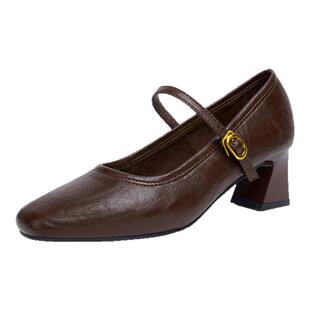 真皮法式百搭复古女单鞋2025新款一字带粗跟小皮鞋玛丽珍鞋高跟鞋