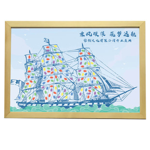 创意帆船年会签名画签到板团建乔迁毕业开学成长礼指纹手印画框