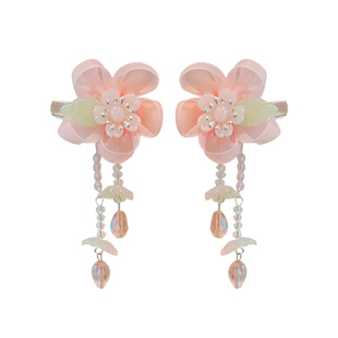 古风汉服头饰女童步摇流苏发夹女孩粉色花朵飘带发卡公主古装发饰