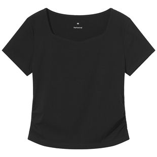 热风2026年夏季新款女士钻石领短袖T恤方领棉质修身型短袖T恤上衣