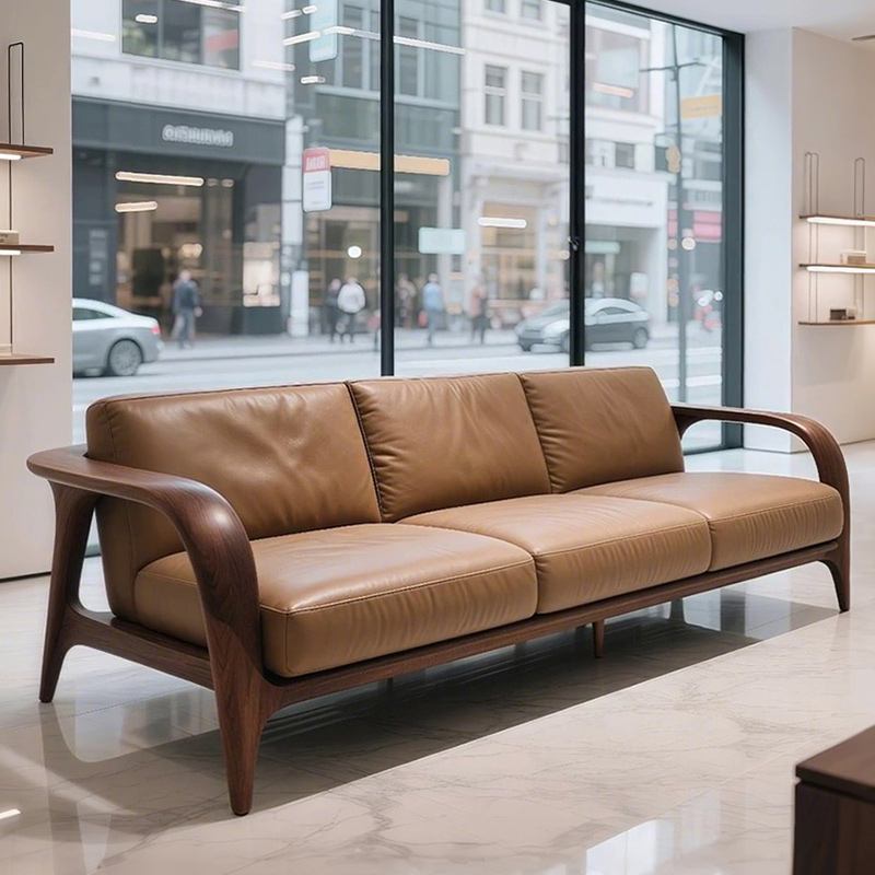 宋氏美学胡桃木沙发小户型2025新款高端简约真皮三人位直排沙发