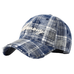 CACUSS复古格纹鸭舌帽女士春季扎染毛边棒球帽休闲学院风软顶帽子