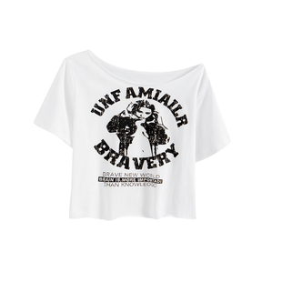 gagaopt韩系撞色印花一字领路肩短袖T恤女小个子短款宽松卷边上衣