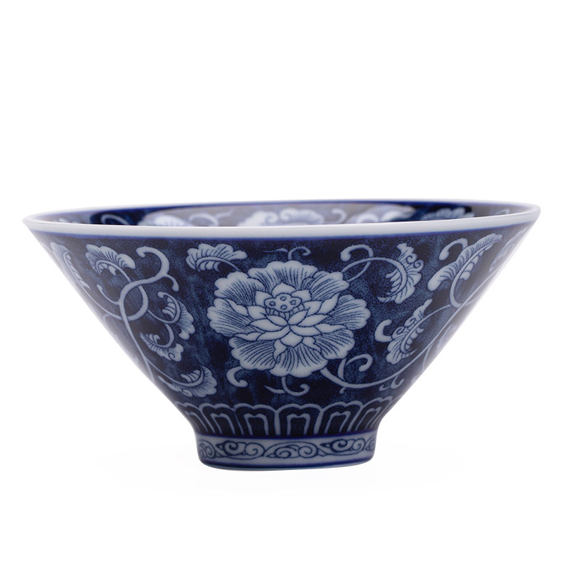 仿古青花缠枝莲牡丹纹斗笠杯家用防烫陶瓷茶杯高档个人专用品茗杯
