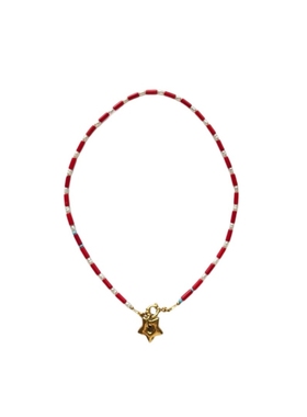 天然珍珠五角星吊坠红色串珠项链